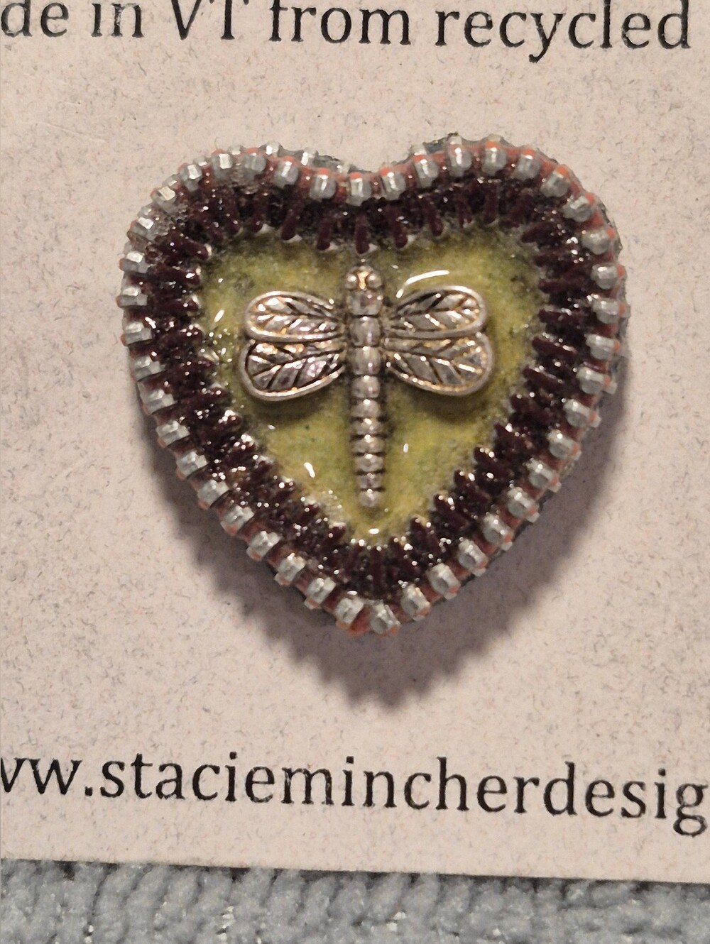 Zipper Art Heart Dragonfly Accent Pin/Brooch